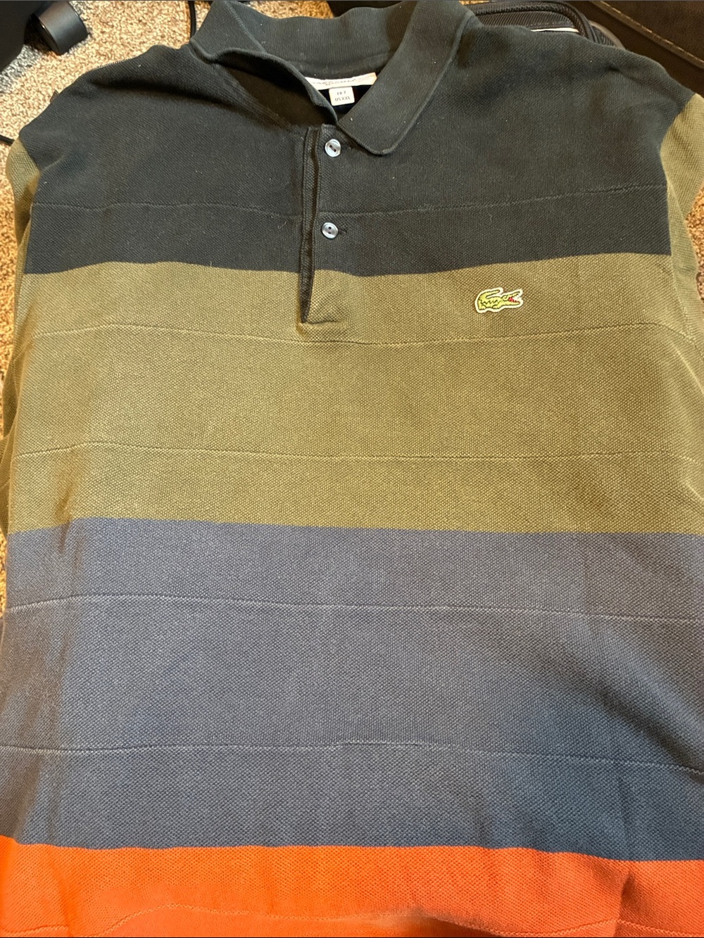 Lacoste Olive, Navy, Black & Orange Striped Polo